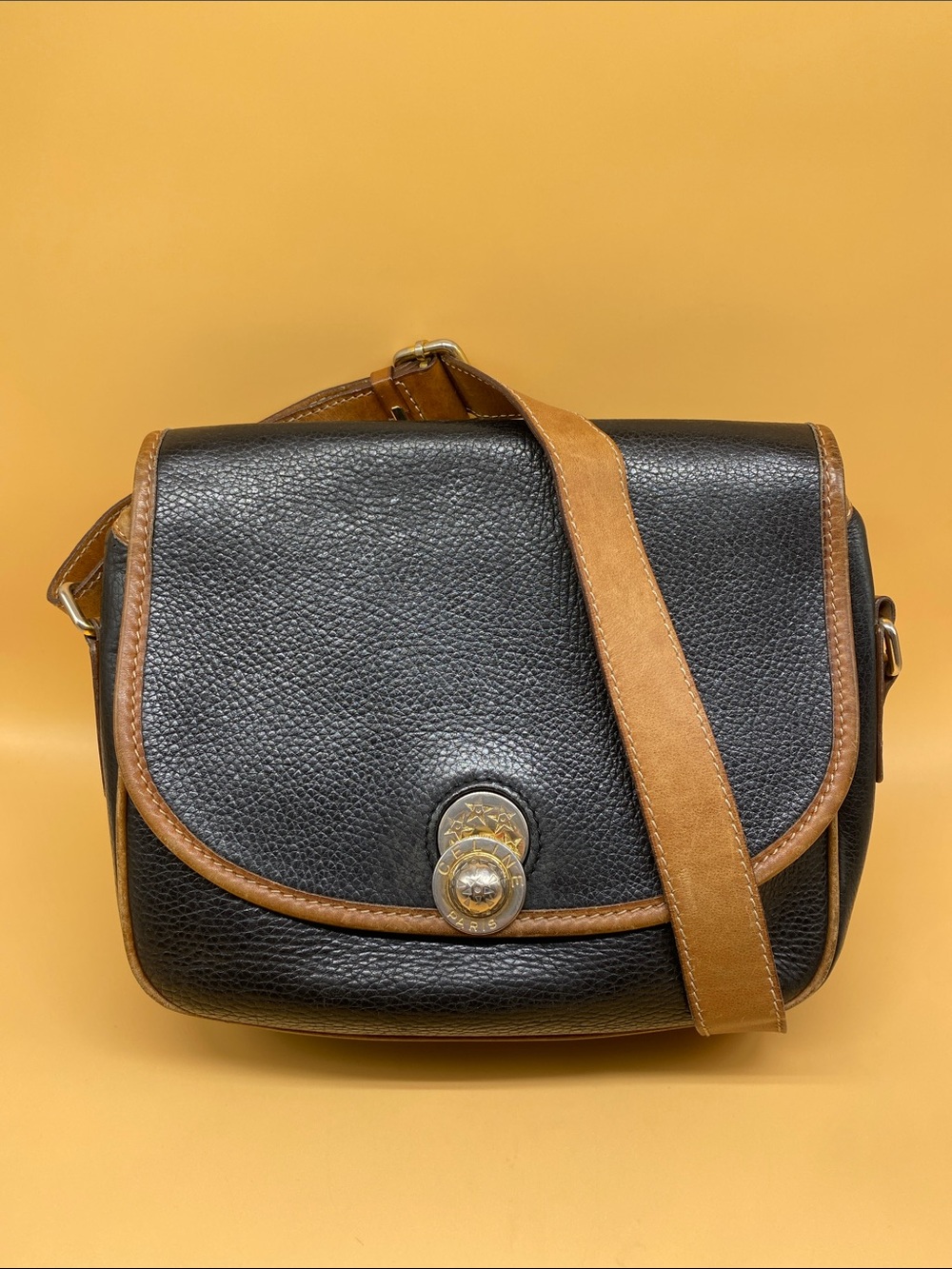 Vintage Celine Paris black pebble tan leather crossbody bag